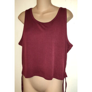 Ekouaer Cropped Ribbed Top Women's 2XL BURGUNDY Drawstring Ruching Sleeveless
